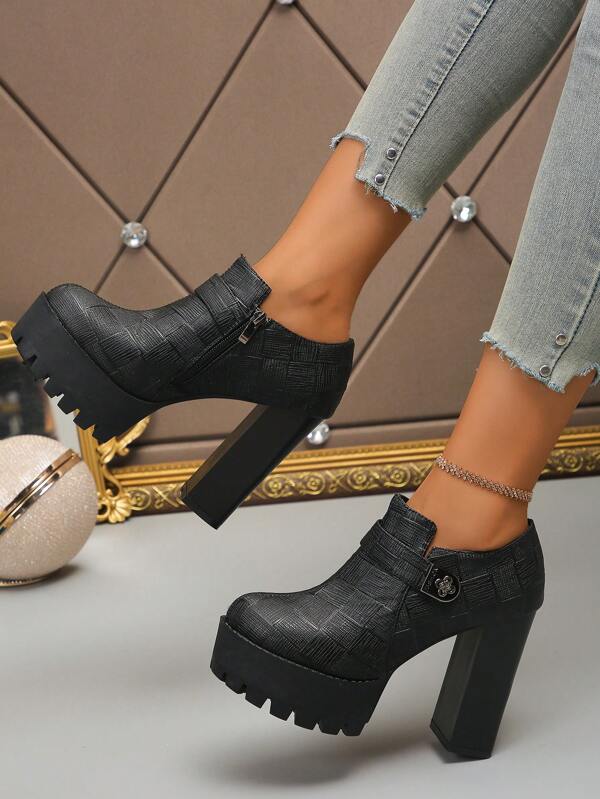 JISLIESS J Modne damskie botki z grubą podeszwą - wodoodporne, ze sztucznej skóry, z bocznym zamkiem, z okrągłym noskiem - na każdą porę roku