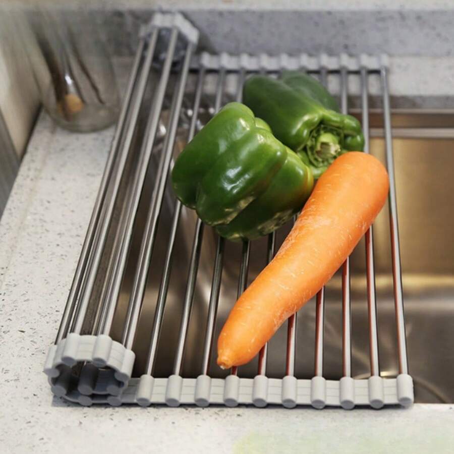 1 件装厨房水槽沥水架硅胶可折叠碗碟收纳架水槽沥水垫和干燥垫