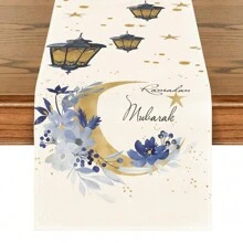 1pc Ramadan Table Runner Moon Star Floral Ramadan Pattern Table Ramadan Kareem,Ramadan Mubarak,Ramadan Decor,Ramadan Festivals,Ramadan Gifts Farmhouse Washable Outdoor Indoor Party Kitchen Home Dining Table Rectangular Round Dining Table Dinner Decoration - Ramadan a - View 3