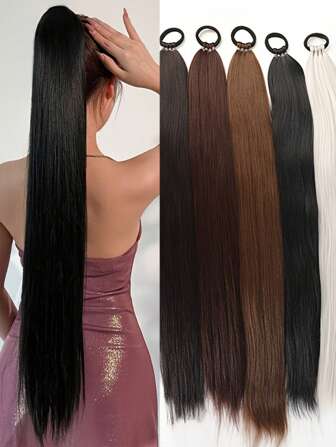 Extensión de cola de caballo sintética recta de 28" de largo, extensión de cola de caballo trenzada con banda elástica versátil, elegantes piezas de cabello negro para mujeres, fibra natural suave, apta para diferentes razas