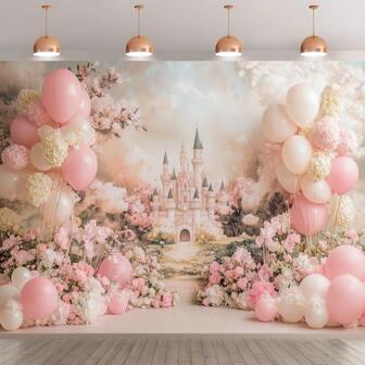 带有花形气球设计的魔法城堡背景，适合作为家庭、办公室、生日、周年纪念、室内和室外派对装饰的通用照片背景