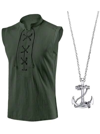 Mens Pirate Renaissance Viking Steampunk Medieval Gothic Celtic Sleeveless Shirt Barbarian Top Tee Include Pendant Necklace