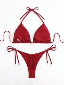 最新畅销情人节性感蝴蝶结装饰内衣 2 件套大码丁字裤和比基尼 - 紅色 - 查看 2