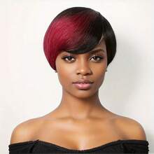 Lolely Dream PIXIE SHORT Cut Layered Bang Style Human Hair Wig With Feather Back No Lace Full Cap Wig Short Straight Pixie Cut Pick Dye Human Hair Wig Wine Red Pixie Cut Wig Lady Mommy Wigs Side Part Wig Short Bob Straight Wig - S1B/99J - View 2