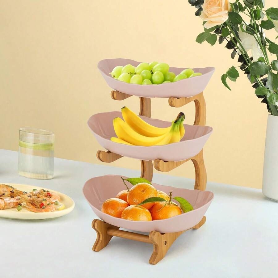 SENDERPICK Ceramic Fruit Basket, 3-Tier Fruit Bowl, Fruit Serving Tray, Three Removable Ceramic Plates With Natural Bamboo Stand For Fruit, Nuts, And Snacks () - Màu be - Xem 1