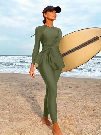 Bikinx Solid Color Side Waist Twist Long Sleeve Top And Pants Burkini Swimwear Set For Beach Vacation Summer