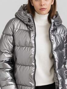 女士休闲冬季连帽厚棉袄 - 黑色 - 查看 2