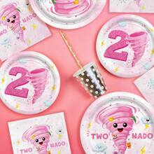 Juego de vajilla de 24 piezas/72 piezas con diseño de Tornado rosa, TWO NADO con nube, clima, oso de peluche, patito, relámpago, tormenta, apto para cumpleaños de 2 años, niñas, platos desechables de papel de 9 pulgadas y 7 pulgadas, vacaciones, fiesta, set de vajilla decorativa - Multicolor - Ver 1