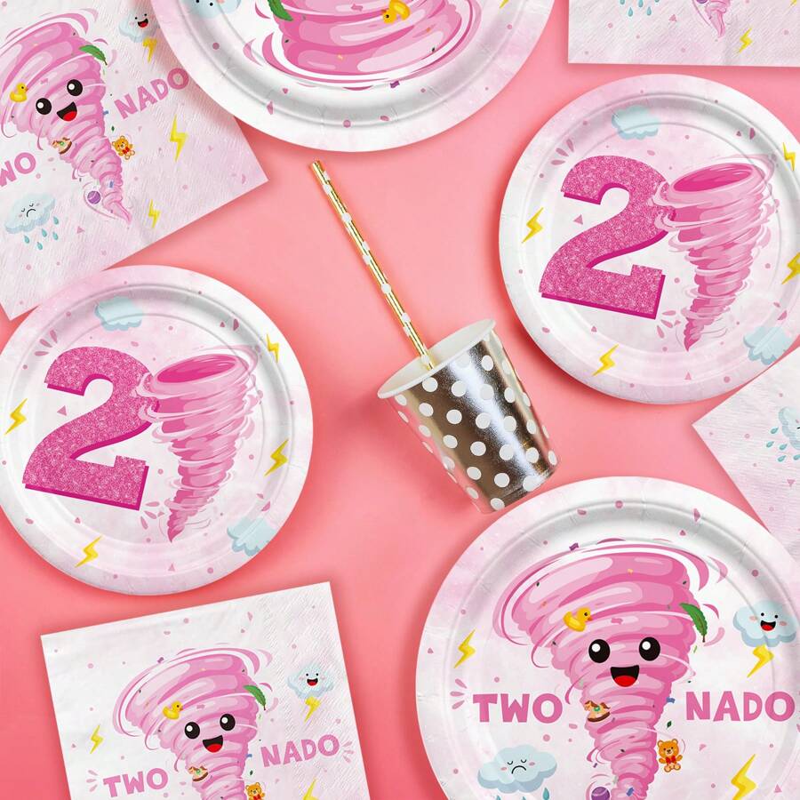 Juego de vajilla de 24 piezas/72 piezas con diseño de Tornado rosa, TWO NADO con nube, clima, oso de peluche, patito, relámpago, tormenta, apto para cumpleaños de 2 años, niñas, platos desechables de papel de 9 pulgadas y 7 pulgadas, vacaciones, fiesta, set de vajilla decorativa - Multicolor - Ver 1