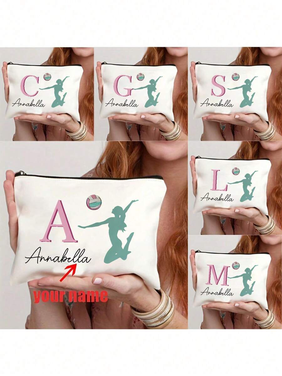 Bolsa de cosméticos personalizable de voleibol, lavable a máquina, accesorio de viaje ligero con opción de color blanco - regalo perfecto o bolsa de maquillaje para equipo deportivo de niñas - Beis - Ver 1