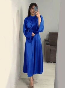 Women Solid Color Round Neck Belted Flare Sleeve Satin Elegant Dress, Spring/Autumn, Modest - Blue - View 4