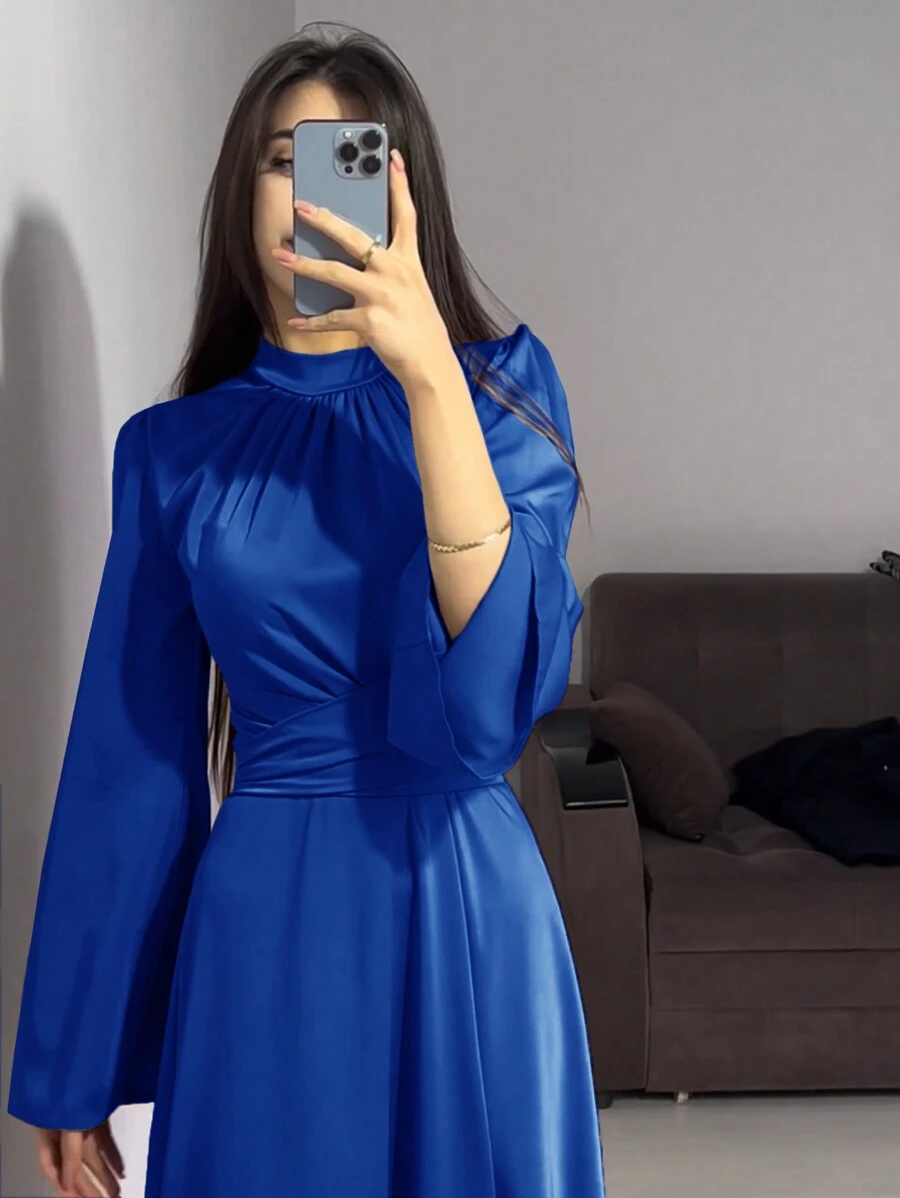 Women Solid Color Round Neck Belted Flare Sleeve Satin Elegant Dress, Spring/Autumn, Modest - Blue - View 1