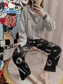 Sanrio Pantalones de pijama de franela Hello Kitty acogedores - Suaves, cálidos, glutinosos y cómodos para damas y caballeros - Ropa casual de otoño e invierno para el hogar, pantalones versátiles para salir, de vacaciones