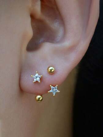 2 Pieces Stainless Steel Bowknot Zirconia Cz Hoop For Women Tragus Cartilage Helix Stud Earring Conch Rook Daith Lobe Ear Screw Piercing Jewelry