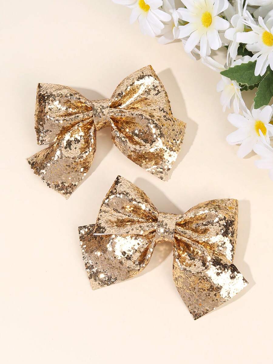 2 件金色蝴蝶结，适合幼儿女孩，闪亮金色闪光蝴蝶结发夹，纯色蝴蝶结发夹，带尾巴，闪亮时尚发夹，女孩节日派对头饰，儿童婴儿发饰，爱情人节 - 彩色 - 查看 1