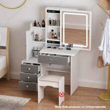 Tocador Vanity De Dormitorio,Tocador de Maquillaje con 4 Cajones,Estantes Ocultos, Vanity Tocador De Maquillador Espejo con Pantalla táctil Regulable en 3 Colores - gris y blanco - Ver 12