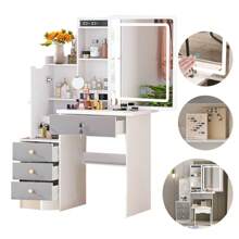 Tocador Vanity De Dormitorio,Tocador de Maquillaje con 4 Cajones,Estantes Ocultos, Vanity Tocador De Maquillador Espejo con Pantalla táctil Regulable en 3 Colores - gris y blanco - Ver 2