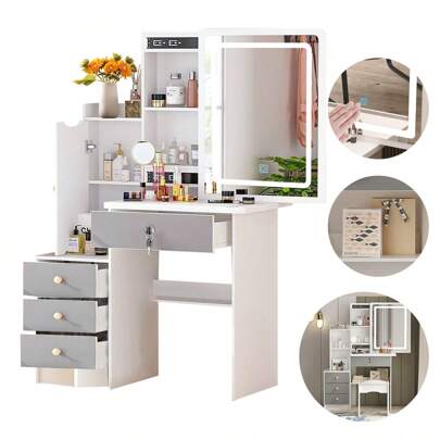 Tocador Vanity De Dormitorio,Tocador de Maquillaje con 4 Cajones,Estantes Ocultos, Vanity Tocador De Maquillador Espejo con Pantalla táctil Regulable en 3 Colores
