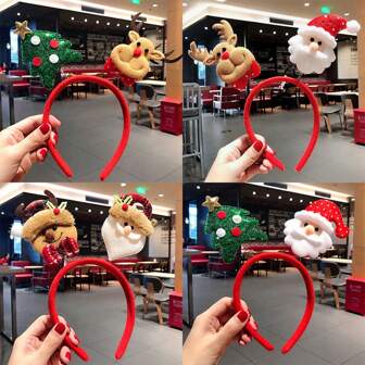1pc Christmas Santa Claus & Reindeer Double Headband, Red Antlers Hair Clips, Christmas Decoration Accessories Diadema Hair Hoop
