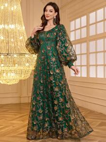 SUPGIR [Random Cut] Elegant V-Neck Lantern Sleeve Sequins Embroidery Cocktail Dress, Unique Design Evening Gown, Long Sleeve Formal Prom Dress, For Wedding Guest, Graduation, Dinner Party Dress - 墨綠色 - 查看 4