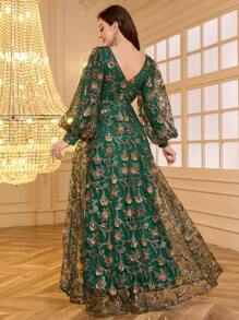 SUPGIR [Random Cut] Elegant V-Neck Lantern Sleeve Sequins Embroidery Cocktail Dress, Unique Design Evening Gown, Long Sleeve Formal Prom Dress, For Wedding Guest, Graduation, Dinner Party Dress - 墨綠色 - 查看 2