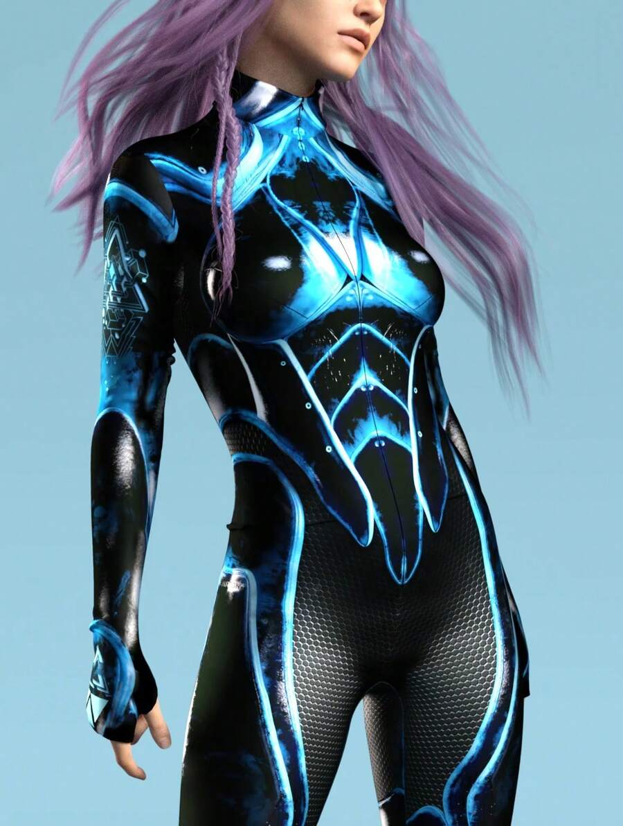 LADYINGBAY Christmas Futuristic Blue And Black Mecha High-Gloss Zippered Jumpsuit - Sci-Fi Style Bodysuit Halloween Costumes And Christmas Performance Outfits - Màu xanh lam - Xem 1