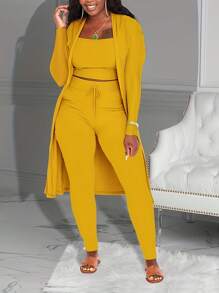 Casual Ribbed 3-Piece Set, Crop Top+High Waisted Drawstring Pants+Long Cardigan, Women's Clothing - Màu vàng - Xem 2