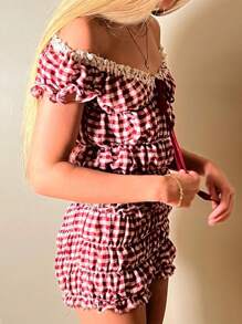 Women's Summer 2 Piece Outfits Short Sleeve Ruched Tops Solid Color/Plaid Shorts Set - Red - View 3