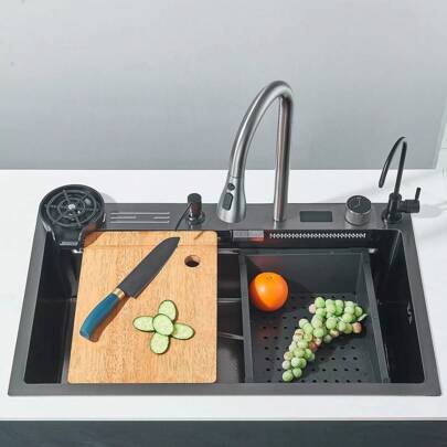 Regalo de Navidad Fregadero de Cocina en Cascada(75*46cm) Fregadero de Cocina Empotrado Tazón Individual 04 Estación de Trabajo de Fregadero de Cocina de Acero Inoxidable con Grifo Extraíble y Múltiples Accesorios Regalo de mudanza