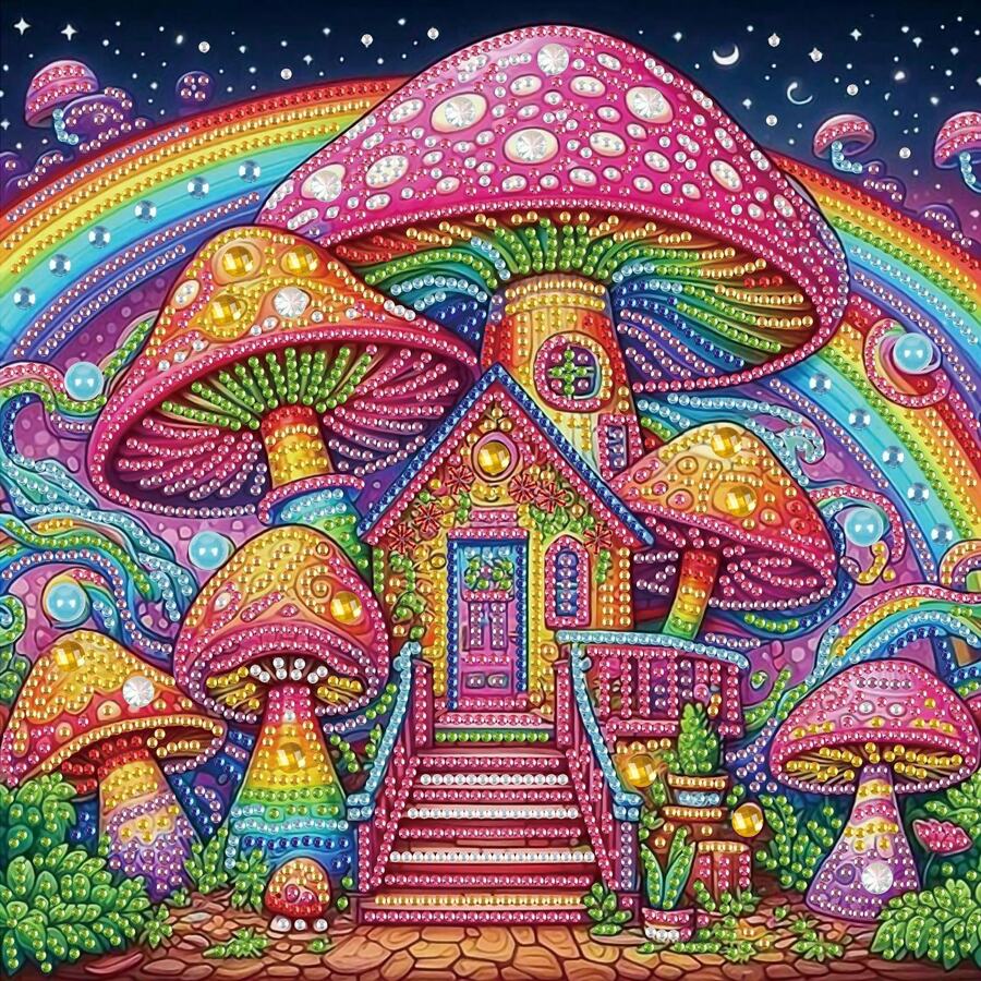 蘑菇屋钻石艺术画套装(成人适用)、5D 特殊形状钻石艺术画套装(初学者适用)、水晶水钻钻石艺术画(家居墙面装饰礼物)12*12 英寸 - 蘑菇屋 - 查看 1