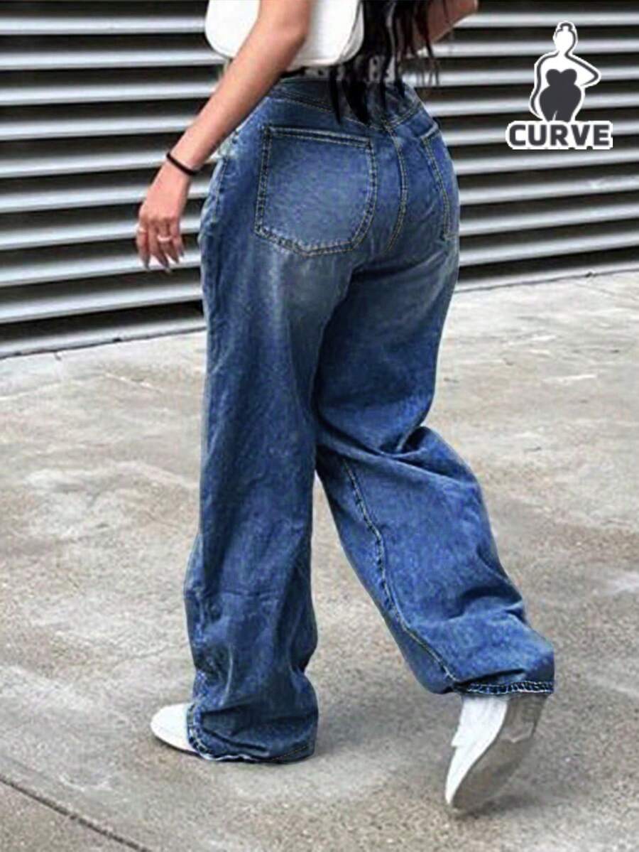 Quần Jeans Denim Ống Thẳng Rộng Rách Cổ Điển Cho Nữ - Rửa tối - Xem 1