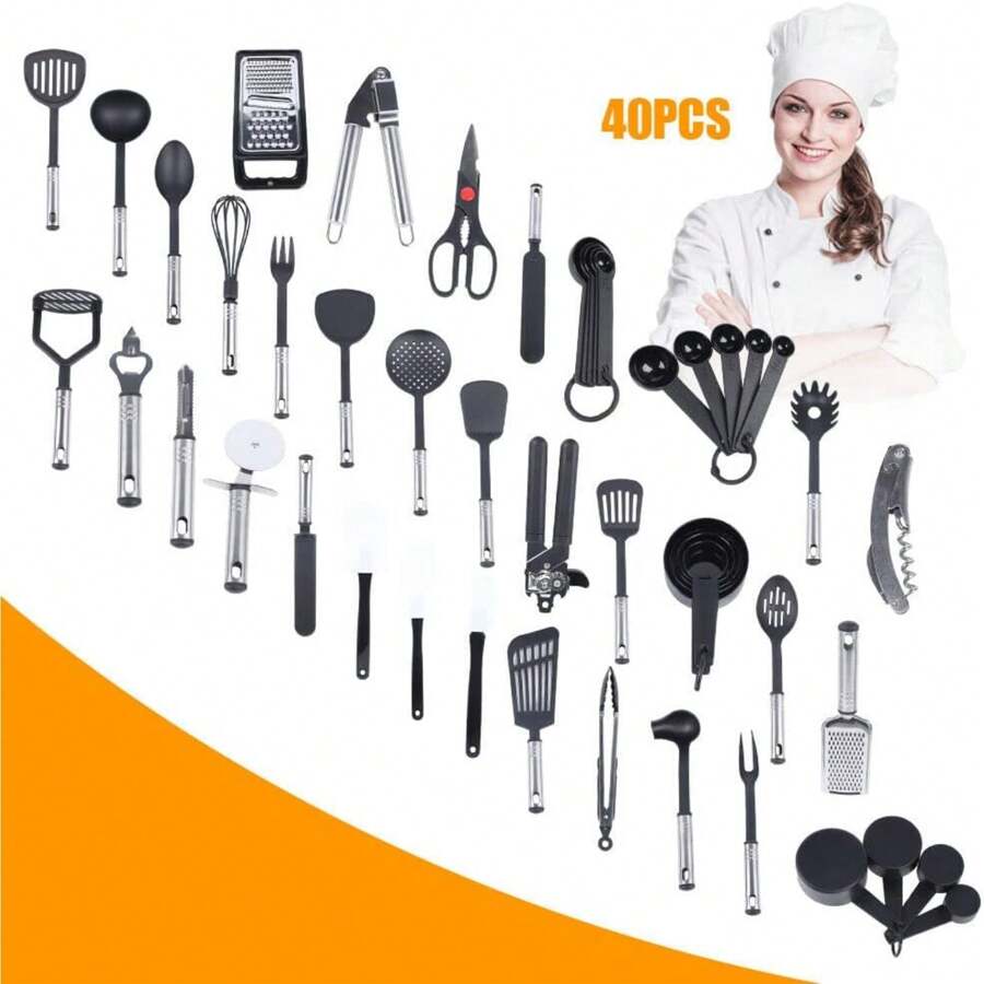 CNCEST Küchenutensilien Set 40-Teiliges Edelstahl Kochbesteck Nicht Klebrig Und Leicht Zu Reinigen Küchenhelfer Kochzubehör für Kochen, Backen, Rühren
