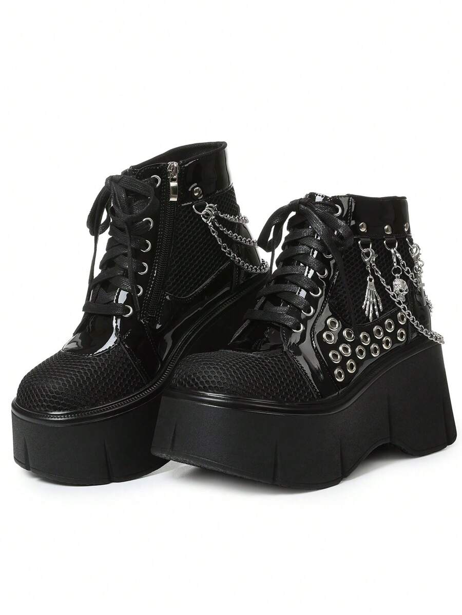 Women's Y2K Punk Goth Platform Ankle Boots Fashion Chain Round Hole Wedges High Heels Thick Bottom Cosplay Boots Woman
