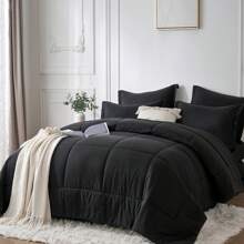 5/7-Piece Solid Colour Checkered Bed Comforter Sets Queen - Soft Microfiber, Lightweight, All-Season, Twin/Full/Queen/King Size Bed In A Bag, Quilt Set With Breathable Fabric And Easy Care,Summer Bedding Set ,Ideal Gift. - màu đen - Xem 2