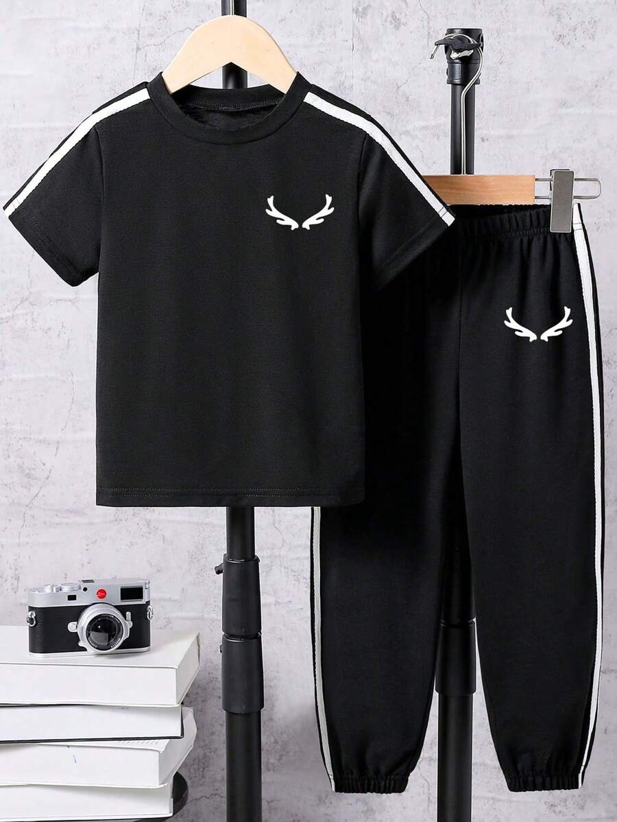 男童卡通图案印花抽绳腰短袖上衣和长裤套装 - 黑色 - 查看 1