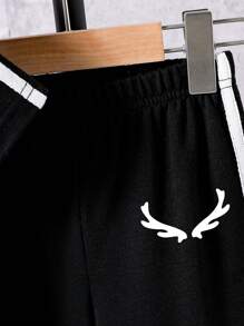 男童卡通图案印花抽绳腰短袖上衣和长裤套装 - 黑色 - 查看 5