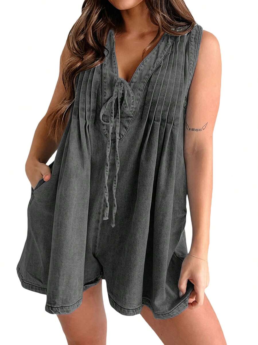Women Summer Casual V Neck Denim Romper Dress Sleeveless Jean Overall Short Jumpsuit With Pocket - 灰色 - 查看 1