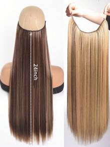 合成 Halo 接发，无夹 24 英寸黑色直发接发，一体式假发，鱼线假发片，女士适用