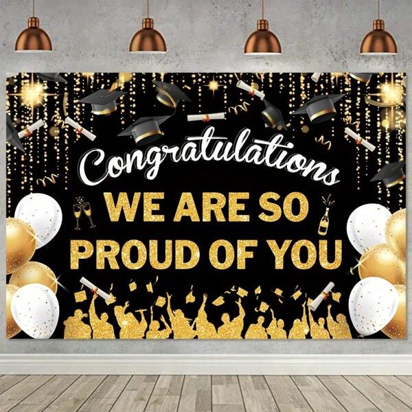 1pc Graduation Photography Background, Black Graduation Cap And Golden Balloon Graduation Congrats Party Banner Background