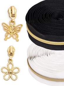 Zíperes sortidos de 450 cm/5 jardas com 10 puxadores dourados rasos (decoração de borboleta ou flor), zíperes de nylon nº 5, dentes dourados rasos, fita preta e branca, adequados para roupas, bolsas, artesanato DIY, etc.