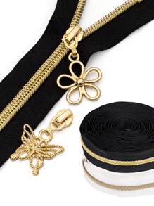 Zíperes sortidos de 450 cm/5 jardas com 10 puxadores dourados rasos (decoração de borboleta ou flor), zíperes de nylon nº 5, dentes dourados rasos, fita preta e branca, adequados para roupas, bolsas, artesanato DIY, etc.