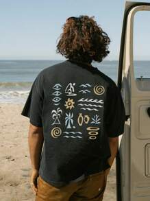 Men's Simple Plant Print Round Neck Short Sleeve T-Shirt - Black - View 4