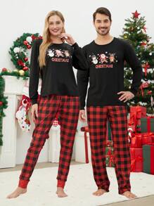 2 件女式圣诞睡衣套装，圣诞老人、雪人、驯鹿印花格子圆领长袖上衣和长裤睡衣套装，舒适的节日情侣家居服，秋季服装 - 黑色 - 查看 3