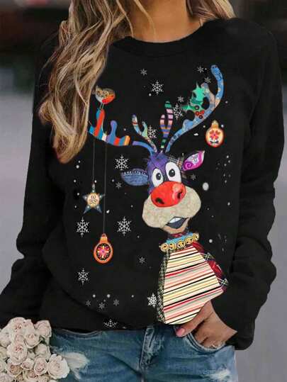 Christmas Multicolor Snowflake & Reindeer Print Round Neck Casual Long Sleeve T-Shirt