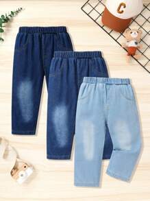 Conjunto de 3 pantalones vaqueros casuales cómodos y suaves para niños pequeños con cintura elástica recta
