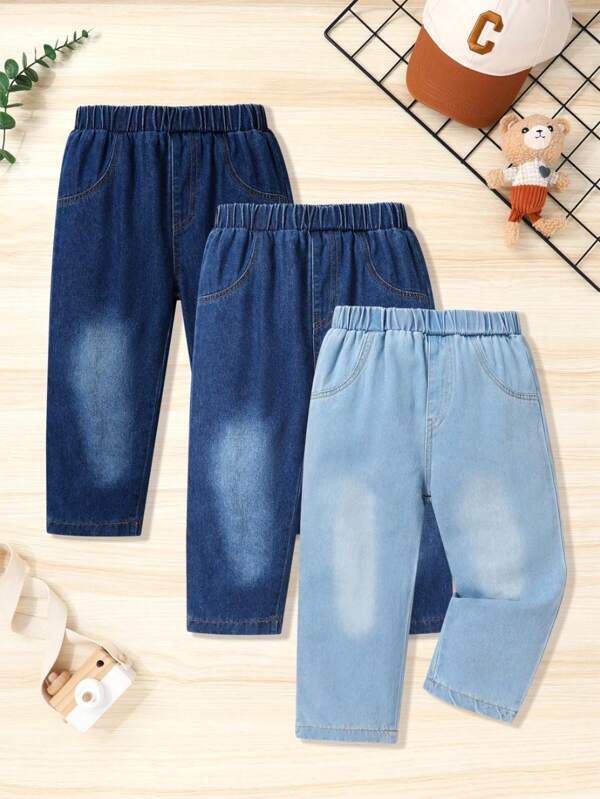 Conjunto de 3 pantalones vaqueros casuales cómodos y suaves para niños pequeños con cintura elástica recta