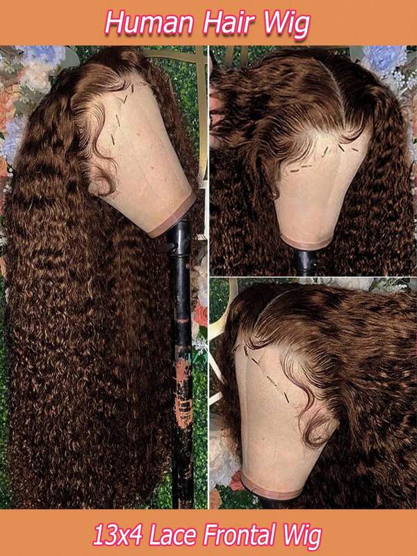 Parrucca in veri capelli umani ricci e profondi, di colore marrone cioccolato, con frontalino in pizzo 13x4, onda profonda di colore marrone #4, parrucca frontale trasparente in stile brasiliano Remy, pre-sfoltita, adatta per le donne