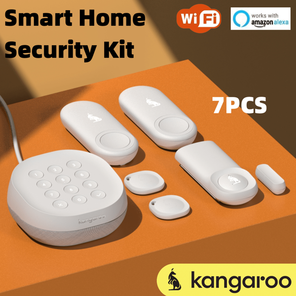 Kangaroo Home Security Alarm System Wifi Wireless 7pcs Kits, Home Protection System, Very Loud Alarm Siren, PIR Motion Sensor, Door Window Detector, Water Leak Sensor, Climate Temperature Sensor, RFID Tag For Arm And Disarm, APP Alerts, Support  Alexa, Easy Installation
