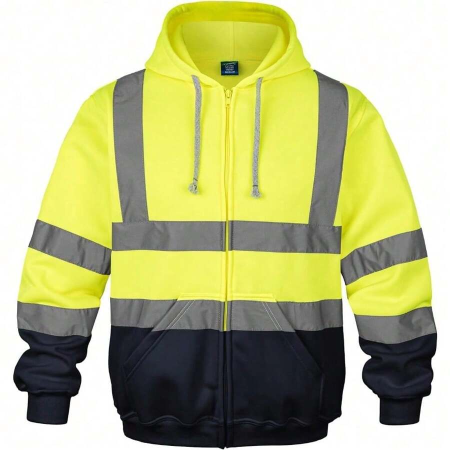 ANSI Class 3 High Visibility Reflective Hooded Sweatshirt - Men's Safety Pullover For Work, Construction & Outdoor Safety - Zip-yellow/Navy - View 1