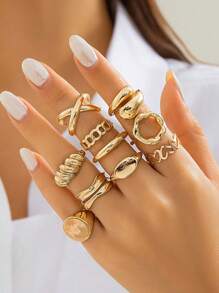 10 件/套女士复古金属几何多层戒指套装，朋克嘻哈金金属指节戒指，时尚珠宝礼物